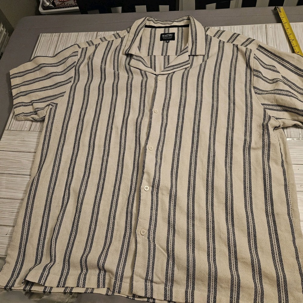 Malibu Beach Club shirt Mens 3XL‎ Striped Ecru Short Sleeve Button-Up - Picture 2 of 6
